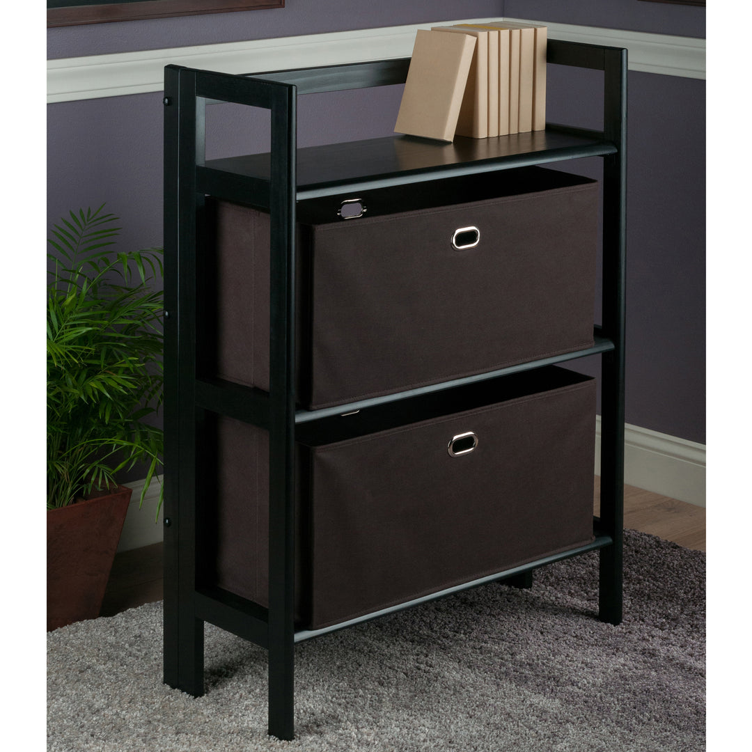 Torino 3-Pc Foldable Shelf with 2 Foldable Wide Fabric Baskets, Black and Chocolate