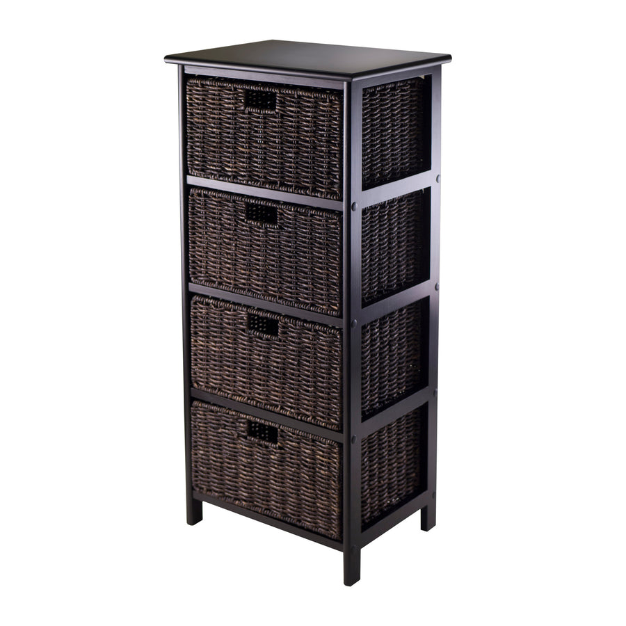 Omaha Storage Rack with 4 Foldable Corn Husk Baskets, Black and Chocolate