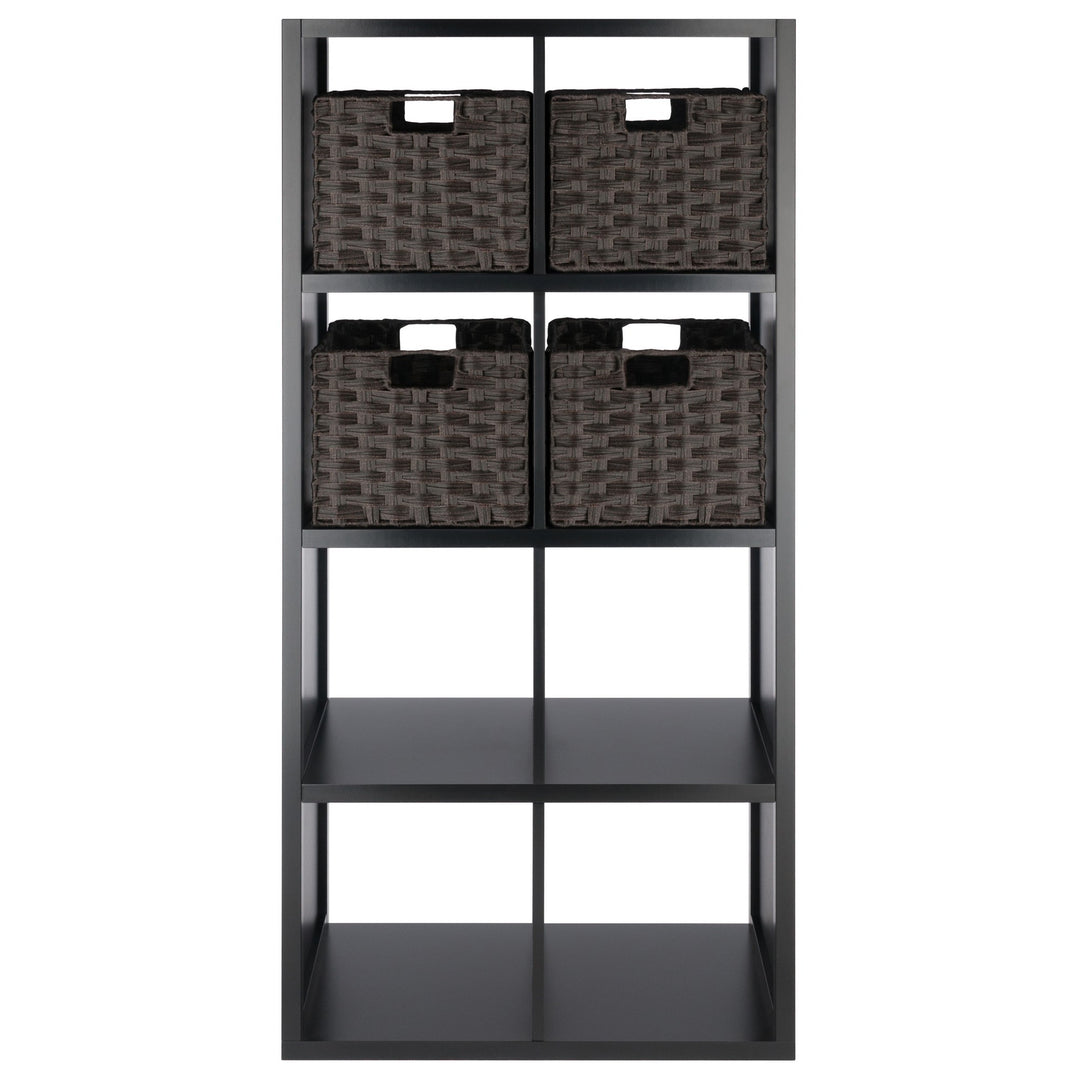 Timothy 5-Pc 4x2 Storage Shelf with 4 Foldable Woven Baskets, Black and Chocolate