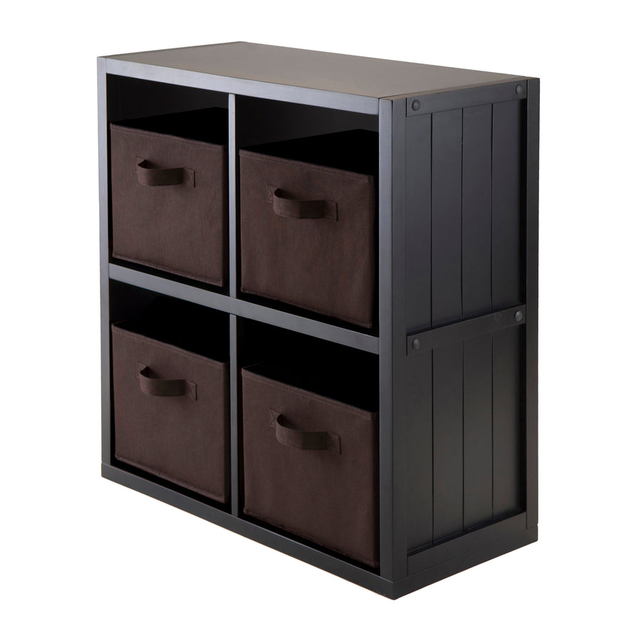 Timothy 5-Pc 2x2 Storage Shelf with 4 Foldable Fabric Baskets, Black and Chocolate