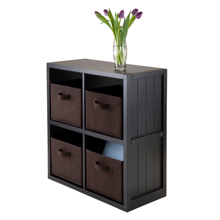 Timothy 5-Pc 2x2 Storage Shelf with 4 Foldable Fabric Baskets, Black and Chocolate