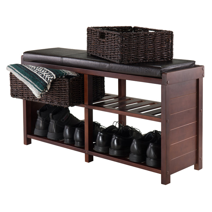 Colin Storage Bench with Seat Cushion and 2 Foldable Corn Husk Baskets, Cappuccino, Espresso and Chocolate