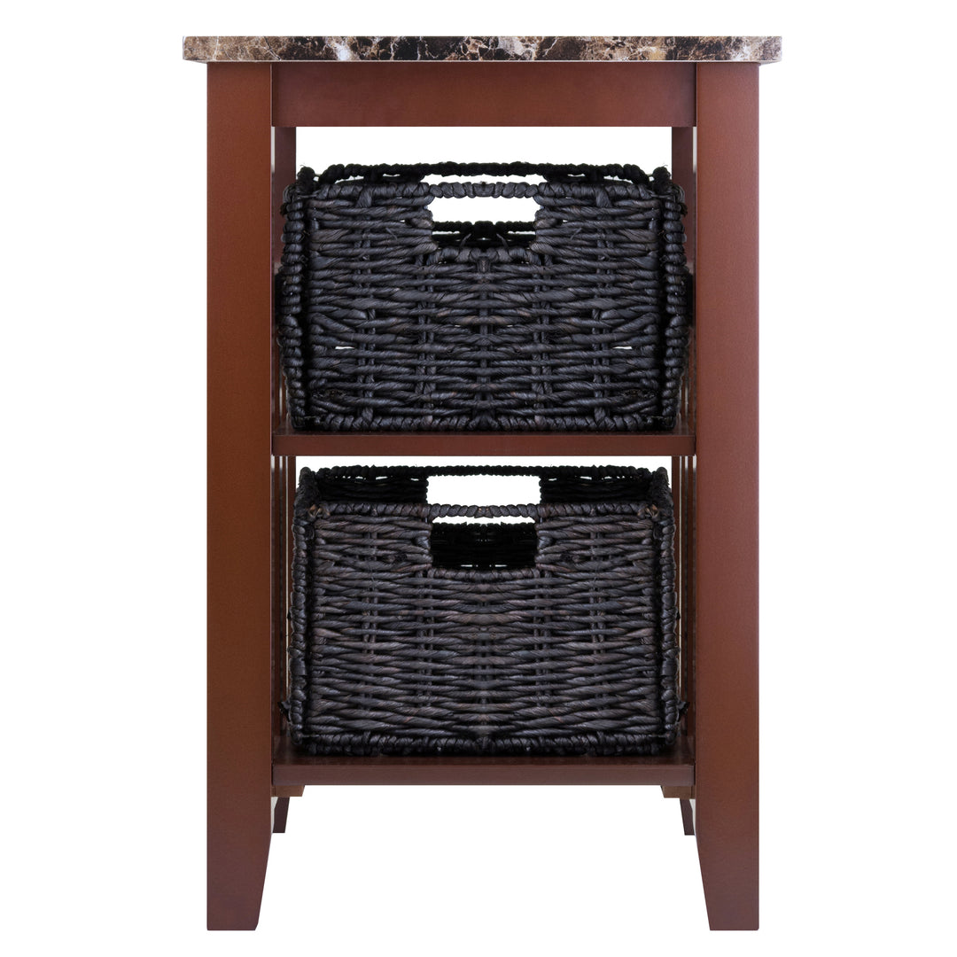 Zoey Accent Table with 2 Foldable Corn Husk Baskets, Faux Marble Top, Chocolate and Walnut