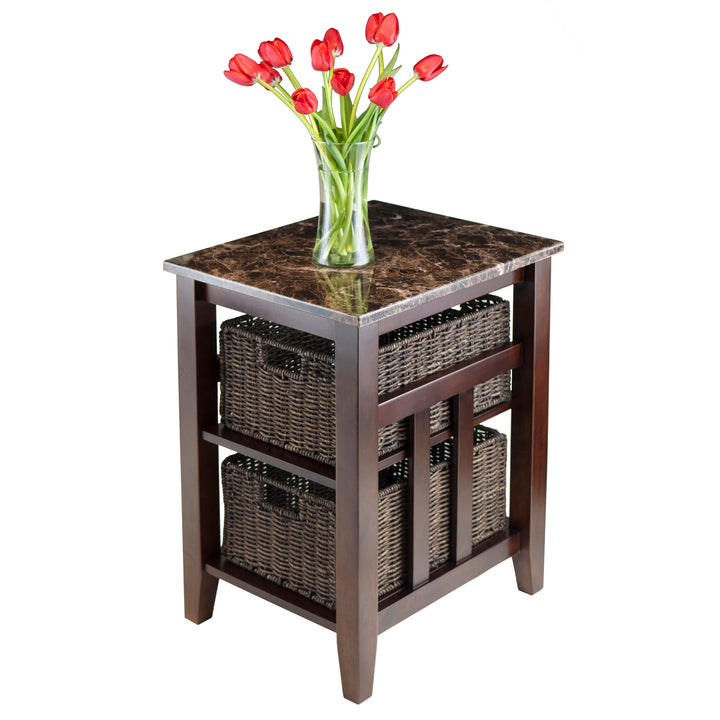 Zoey Accent Table with 2 Foldable Corn Husk Baskets, Faux Marble Top, Chocolate and Walnut