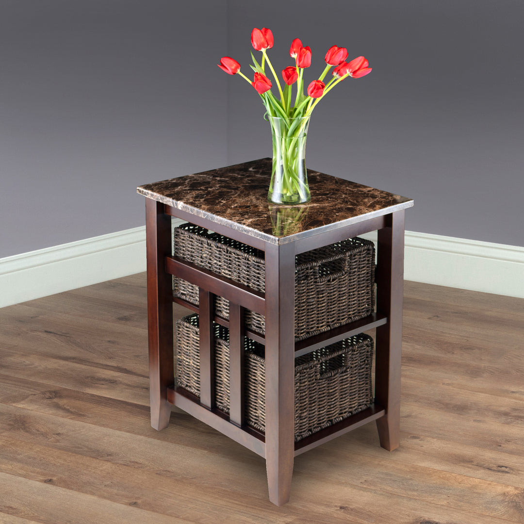 Zoey Accent Table with 2 Foldable Corn Husk Baskets, Faux Marble Top, Chocolate and Walnut