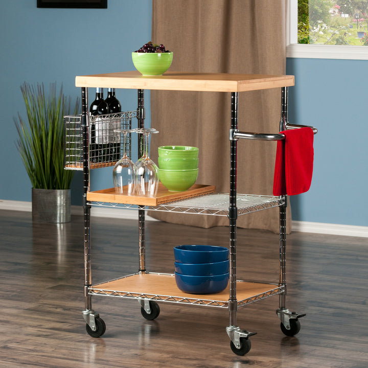 Madera Utility Kitchen Cart, Bamboo and Chrome