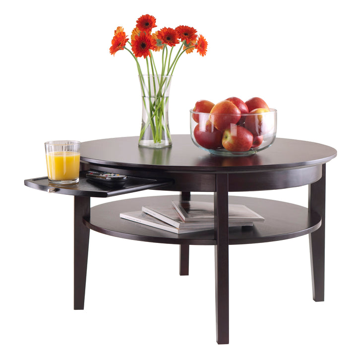 Amelia Round Coffee Table with Pull out Tray, Espresso