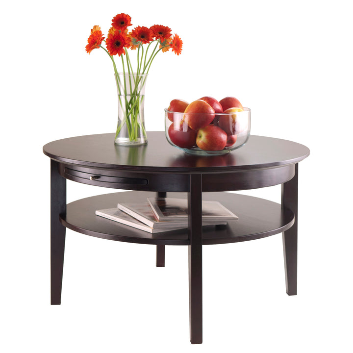 Amelia Round Coffee Table with Pull out Tray, Espresso