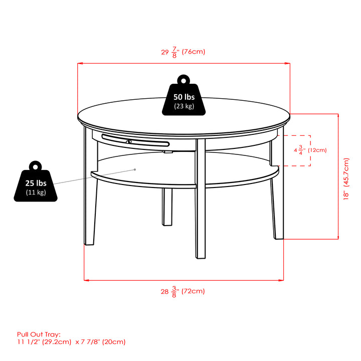 Amelia Round Coffee Table with Pull out Tray, Espresso