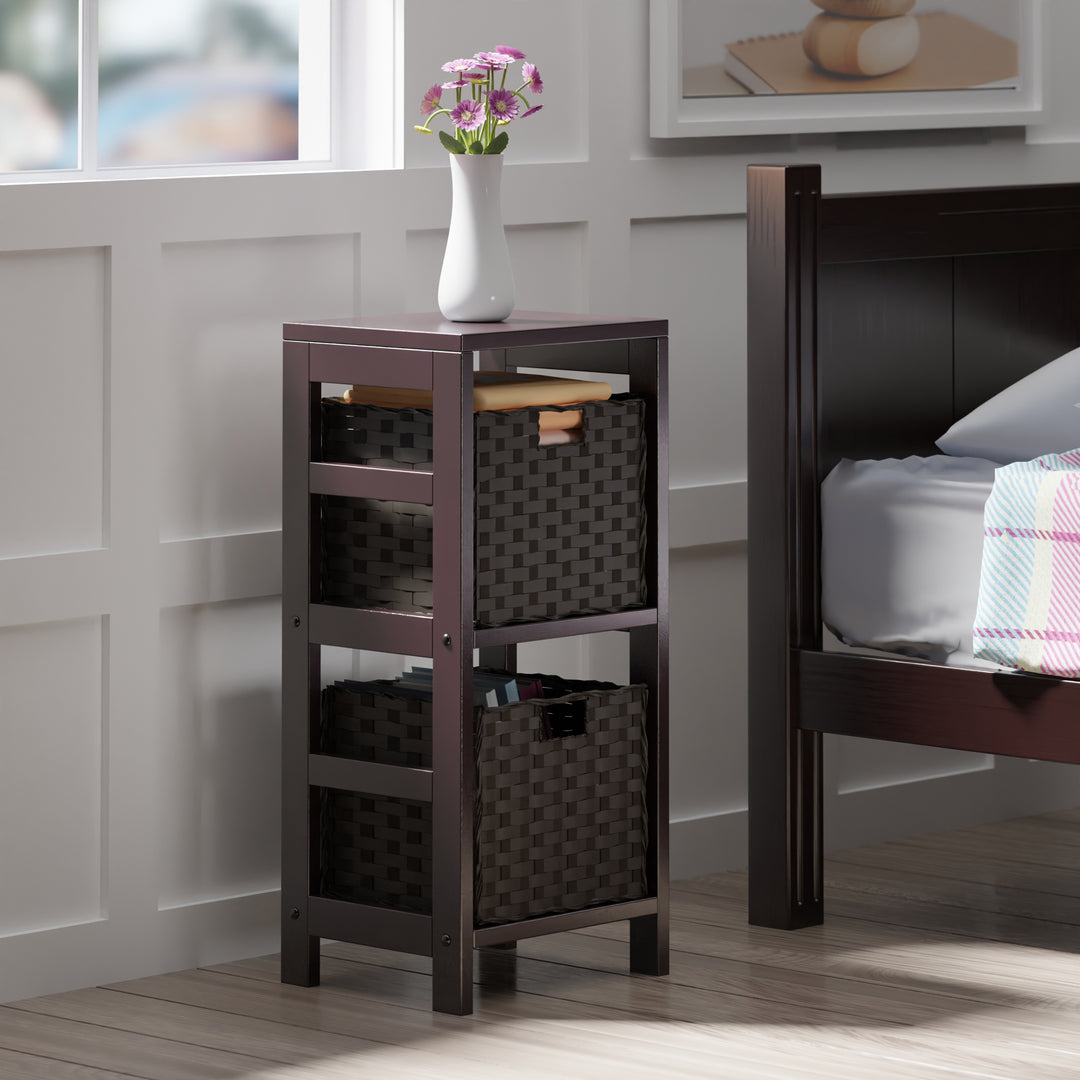 Leo 3-Pc Storage Shelf with 2 Foldable Woven Baskets, Espresso and Chocolate