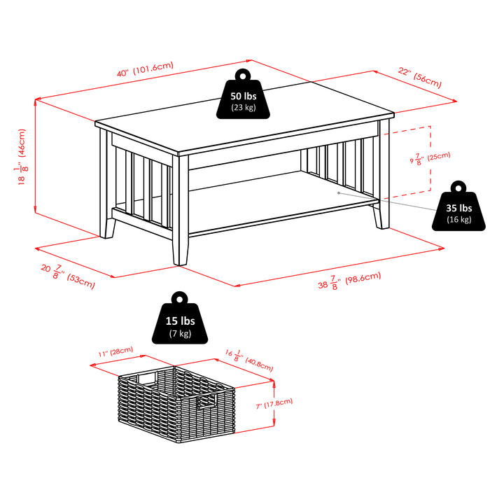 Morris Coffee Table with 3 Foldable Corn Husk Baskets, Espresso and Chocolate