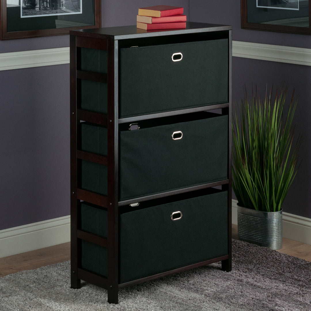 Torino 4-Pc Storage Shelf with 2 Foldable Fabric Baskets, Espresso and Black