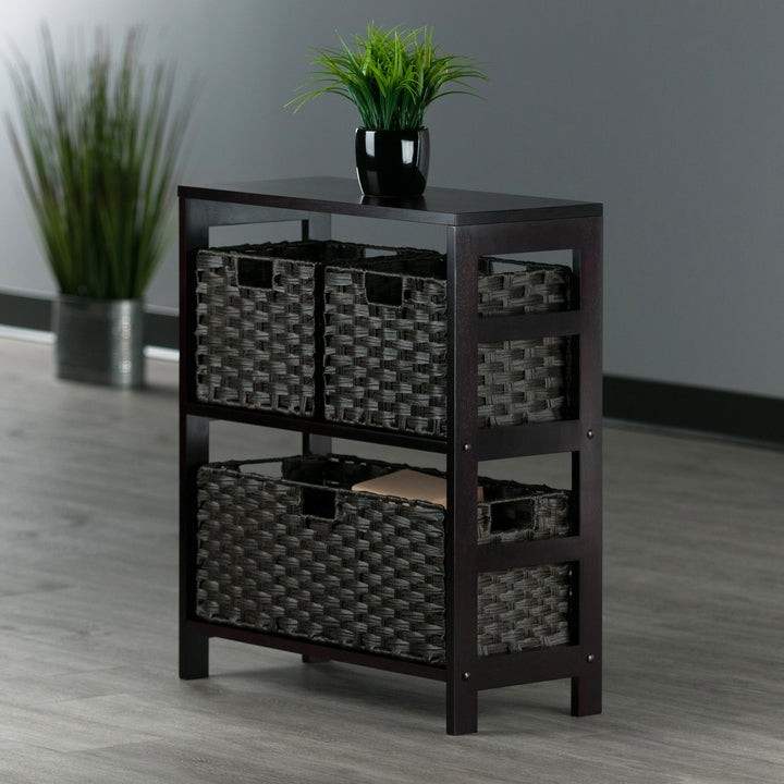 Leo 4-Pc Storage Shelf with 3 Foldable Woven Baskets, Espresso and Chocolate