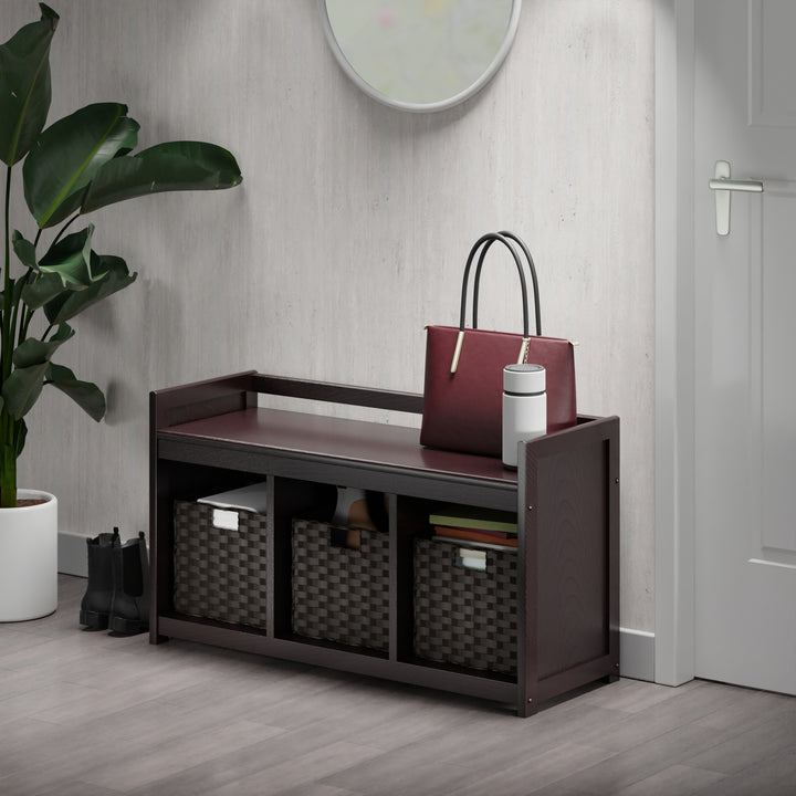 Addison 4-Pc Storage Bench with 3 Foldable Woven Baskets, Espresso and Chocolate