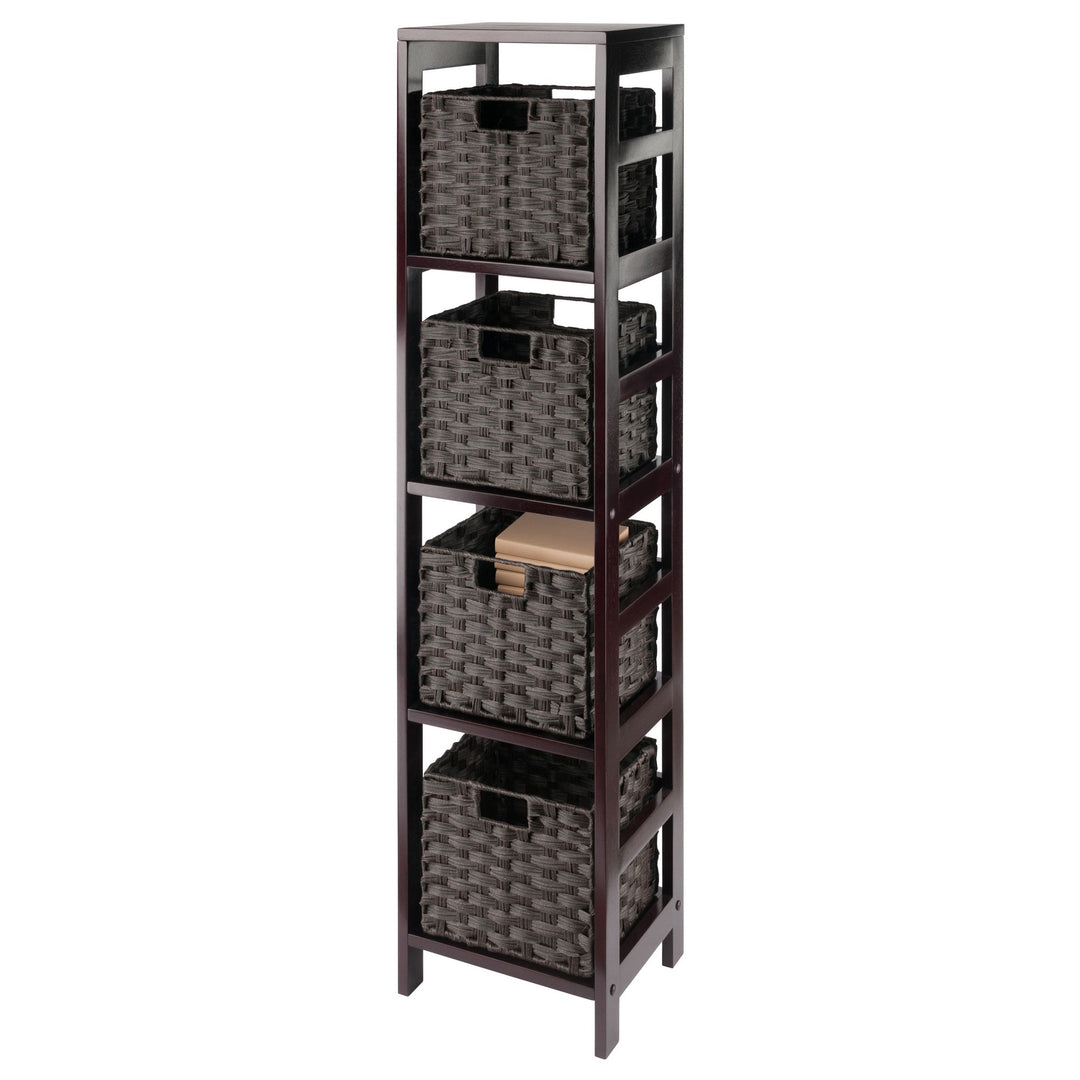 Leo 5-Pc Storage Shelf with 4 Foldable Woven Baskets, Espresso and Chocolate