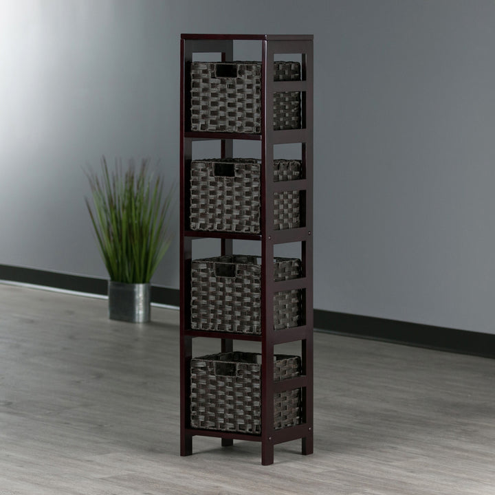 Leo 5-Pc Storage Shelf with 4 Foldable Woven Baskets, Espresso and Chocolate