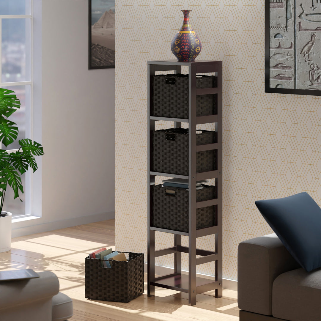 Leo 5-Pc Storage Shelf with 4 Foldable Woven Baskets, Espresso and Chocolate