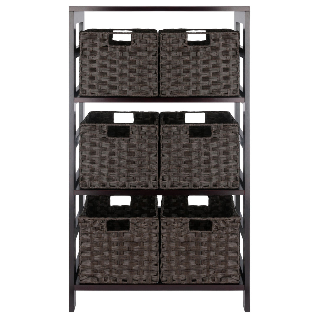 Leo 7-Pc Storage Shelf with 6 Foldable Woven Baskets, Espresso and Chocolate