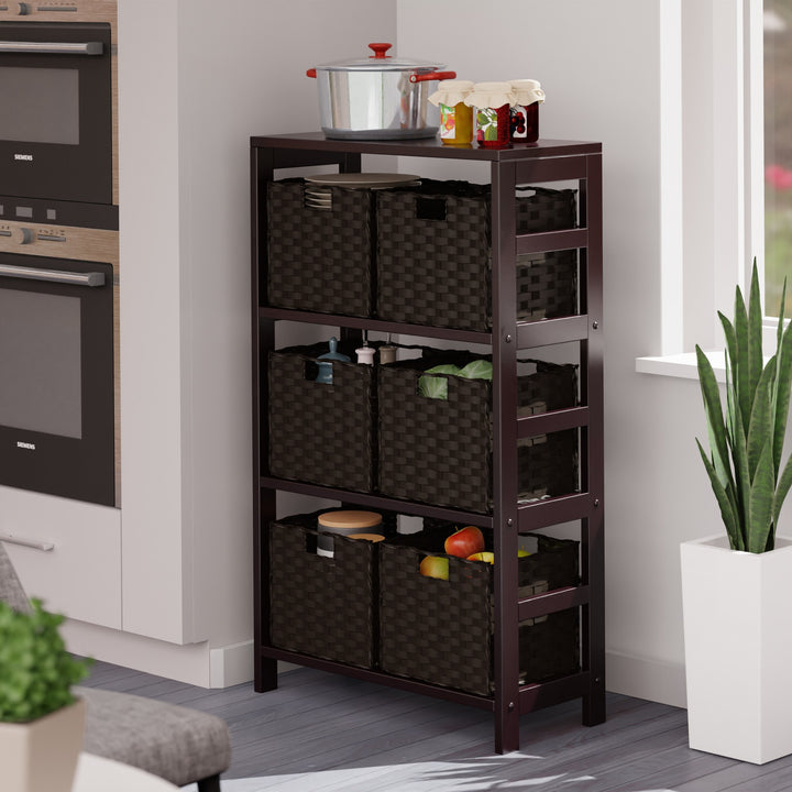 Leo 7-Pc Storage Shelf with 6 Foldable Woven Baskets, Espresso and Chocolate