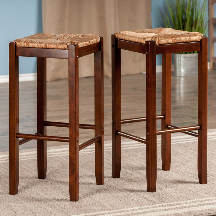 Kaden 2-Pc Rush Seat Bar Stool Set, Walnut