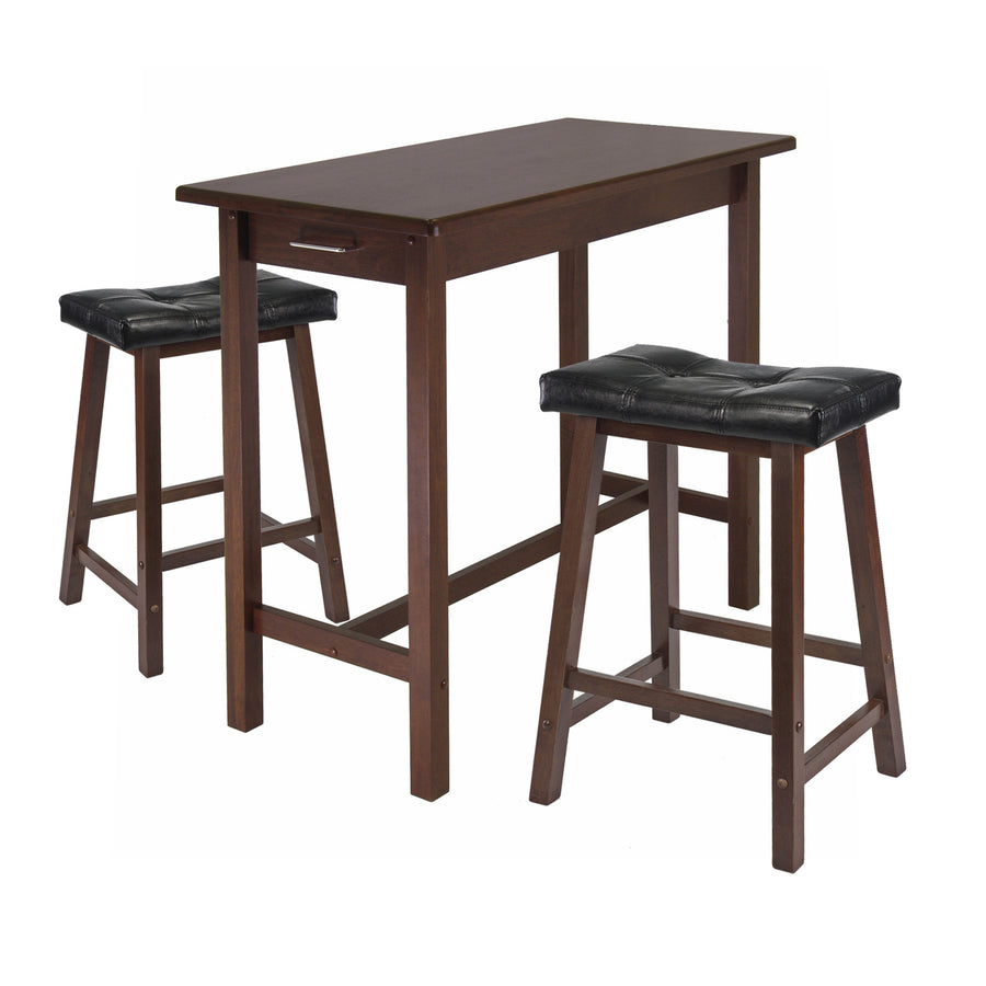 Sally 3-Pc Breakfast Table with Cushion Saddle Seat Counter Stools, Walnut and Black