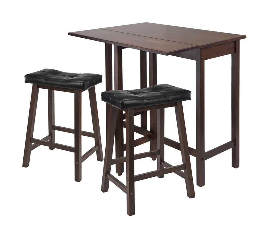 Lynnwood 3-Pc Drop Leaf Table with Cushion Saddle Seat Counter Stools, Walnut and Black