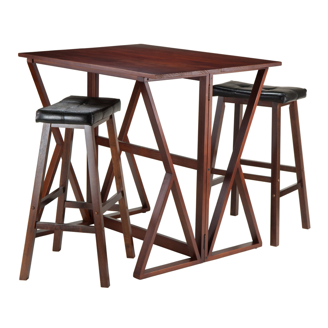 Harrington 3-Pc Drop Leaf High Table with Cushion Saddle Seat Bar Stools, Walnut and Black