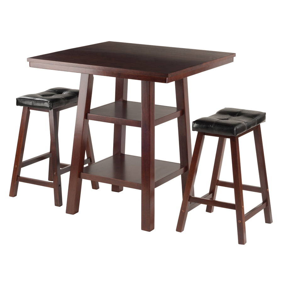 Orlando 3-Pc High Table with Cushion Saddle Seat Counter Stools, Walnut and Black