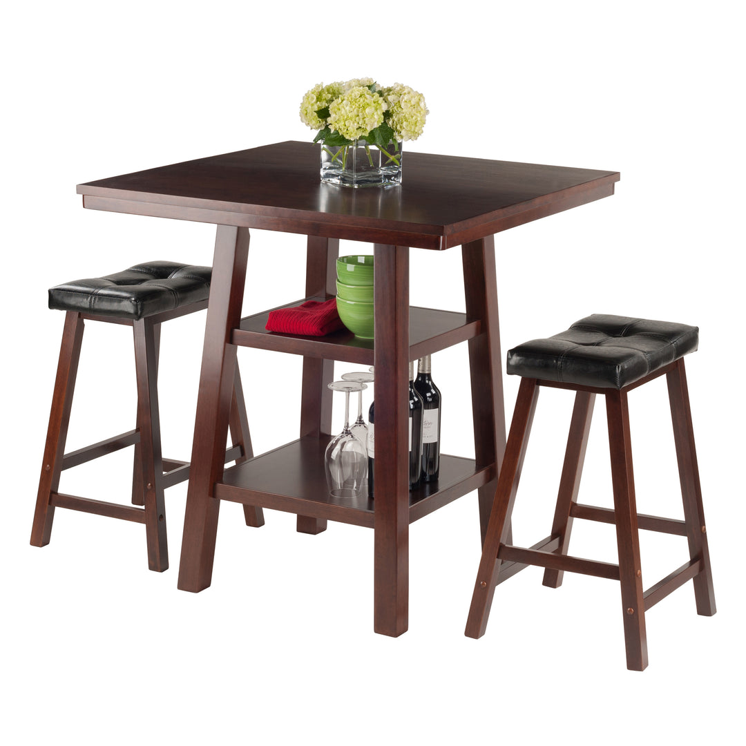 Orlando 3-Pc High Table with Cushion Saddle Seat Counter Stools, Walnut and Black