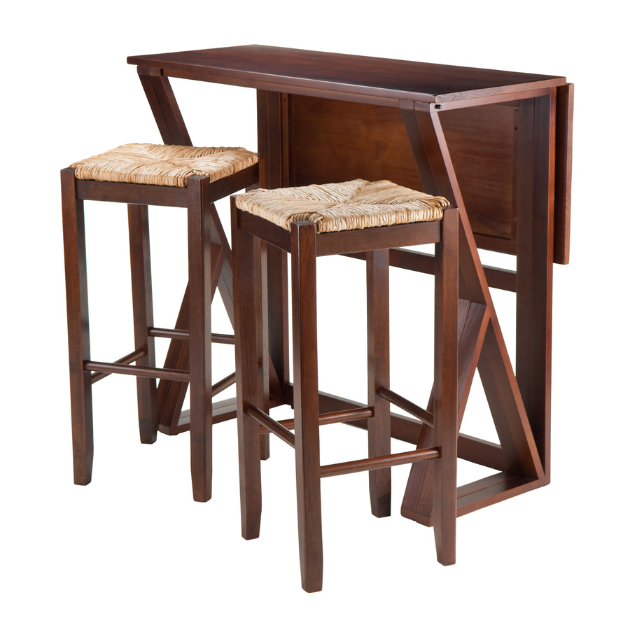 Harrington 3-Pc Drop Leaf High Table with Rush Seat Bar Stools, Walnut