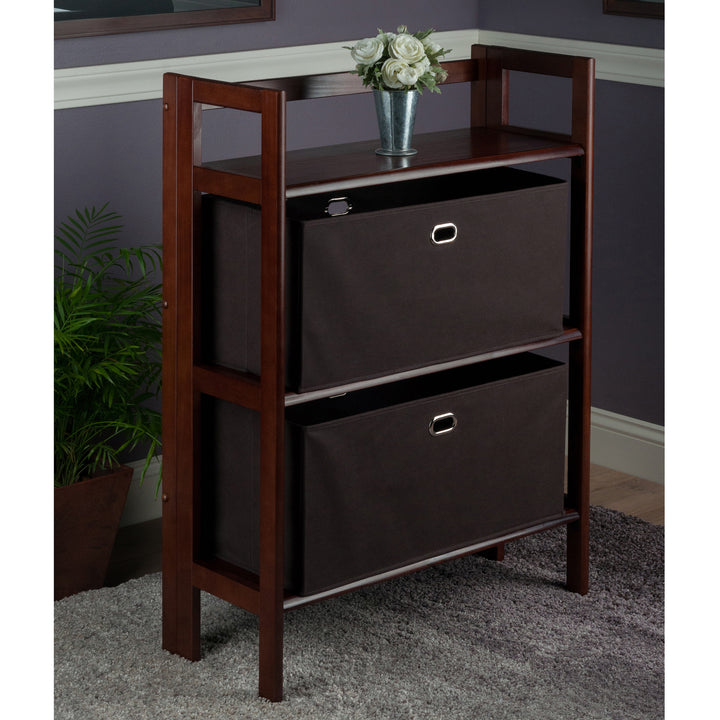 Torino 3-Pc Storage Shelf with 2 Foldable Fabric Baskets, Walnut and Chocolate