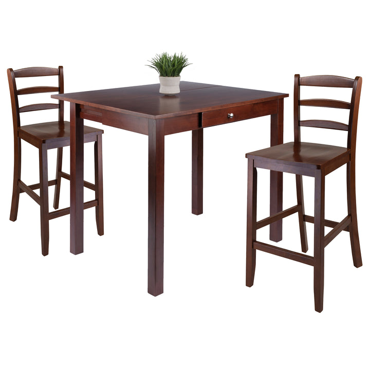 Perrone 3-Pc High Drop Leaf Table with Ladder-back Counter Stools, Walnut