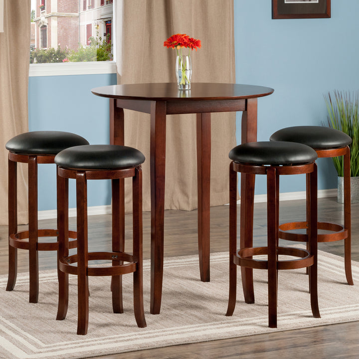 Fiona 5-Pc High Table with Cushion Swivel Seat Bar Stools, Walnut and Black