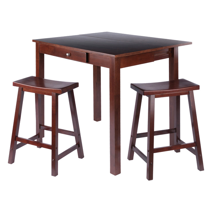 Perrone 3-Pc High Drop Leaf Table with Saddle Seat Counter Stools, Walnut